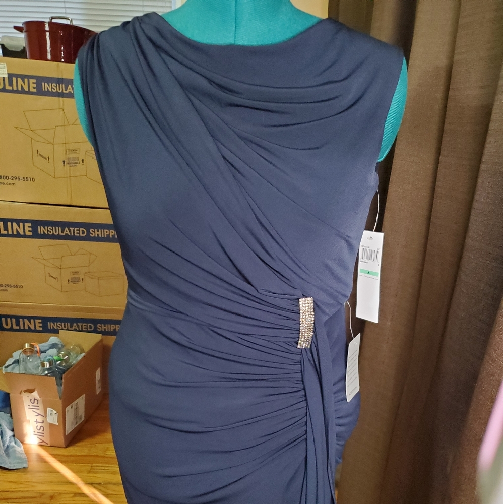 London Times Ruched Rhinestone Brooch Sheath Dress Navy, Women's 8, NWT